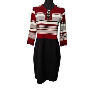 Allison Brittney Size Small Black & Multi Stripe Knit Dress Silver Ring Detail